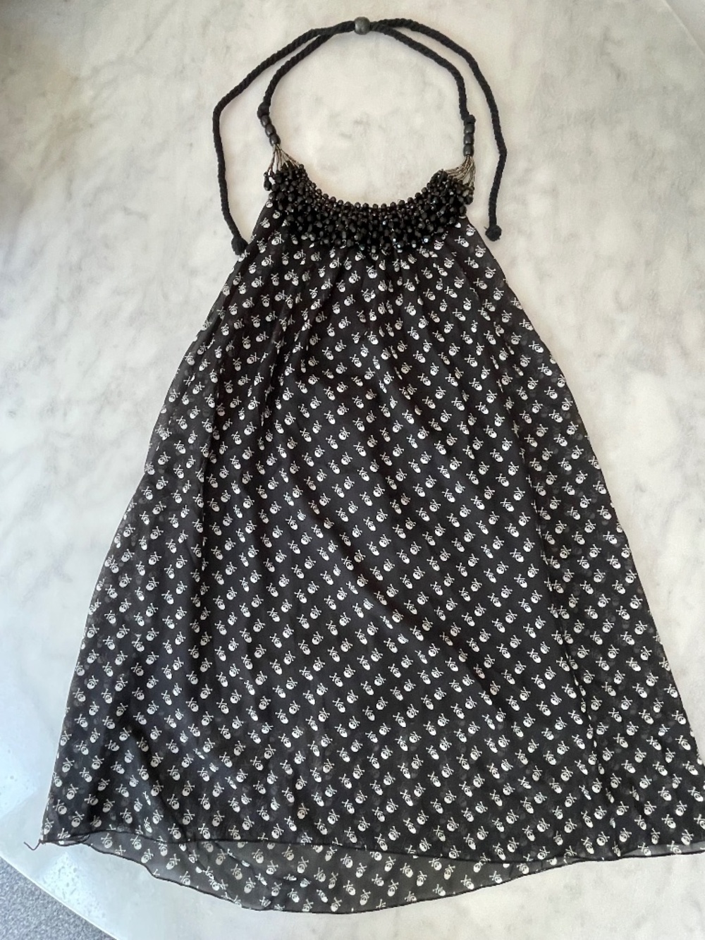 Gothic Skull Print Chiffon Halter Top with Beaded Neckline size S
